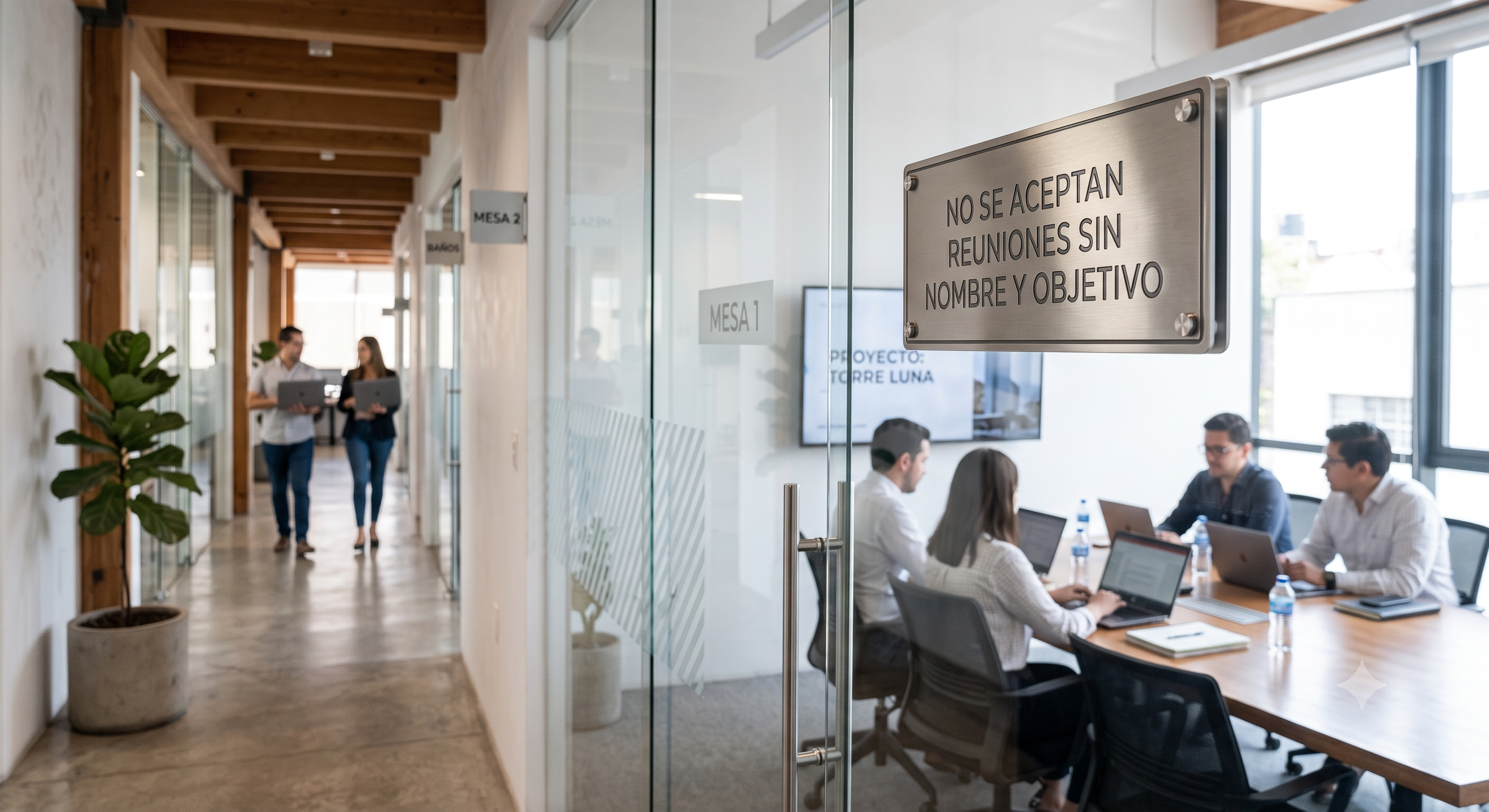 Sala de juntas con letrero: No se aceptan reuniones sin nombre y objetivo